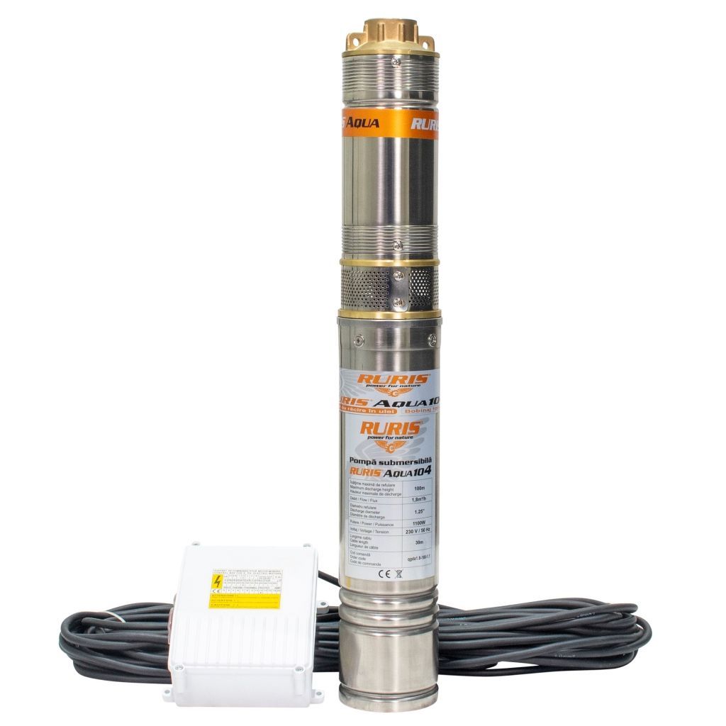 Pompă submersibilă RURIS AQUA 104, pentru apă curată, 1100 W, înălțime maximă refulare 100 m, debit 1.8 mc/h, carcasă inox